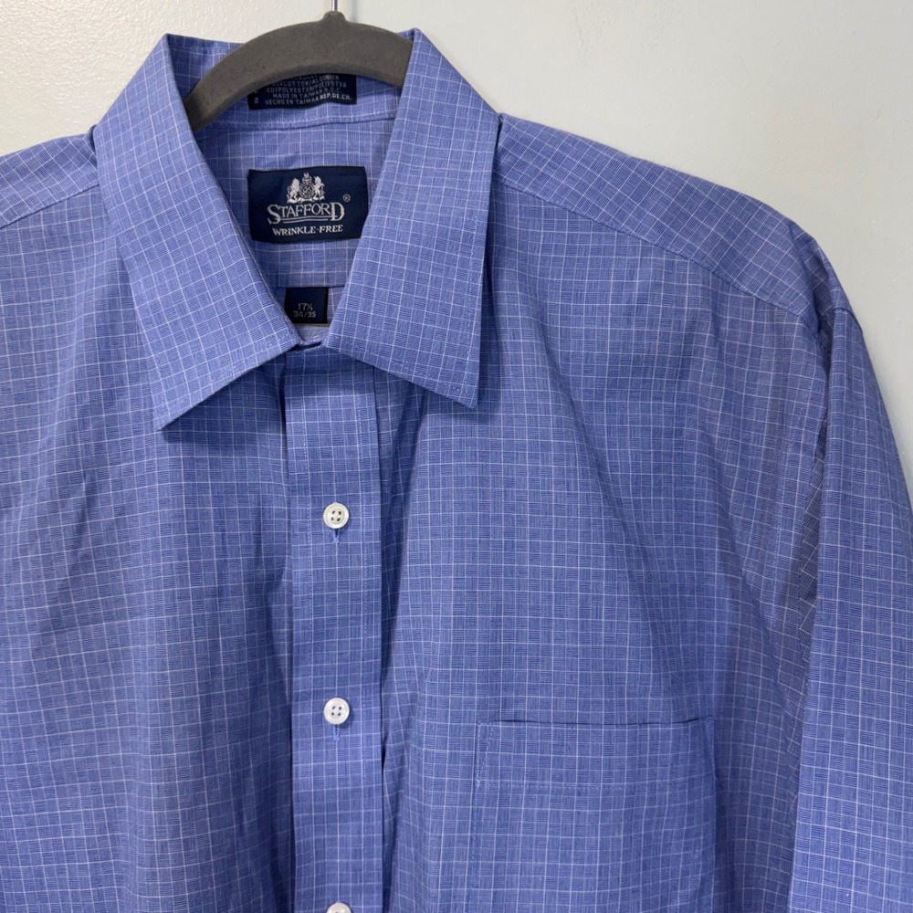 Stafford Wrinkle Free Blue Plaid Dress Shirt Mens 17.5 34/35 Broadcloth